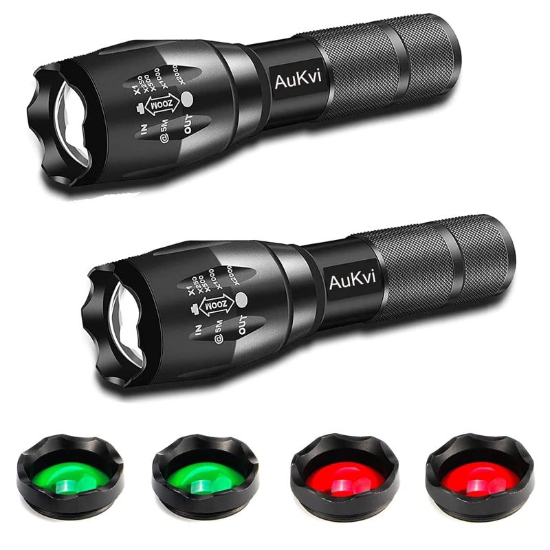 AuKvi 3-Color-Light Flashlight Tactical Flashlight with Red Green Filter Zoom 2000 lumens 5 Modes Waterproof Flashlight - Image 1